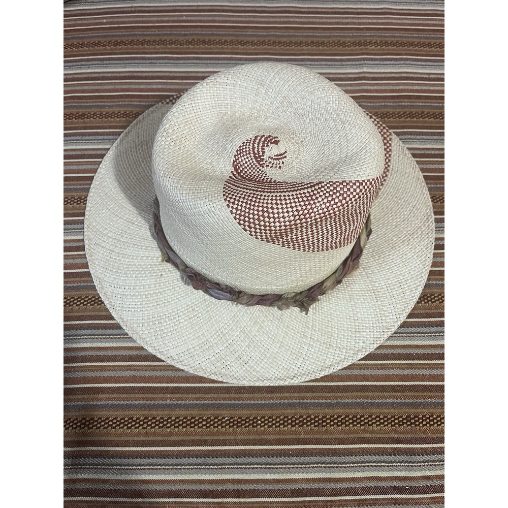 Frances Grey‎ Hand Woven Straw Panama Hat Two Tone Cream Brown Wide Brim Fedora